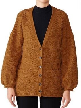 Dra Los Angeles Textured Button-Front Camel Cardigan Sweater Size: L